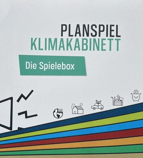Die Spielbox des Planspiels "Klimakabinett" mit farbigen grafischen Elementen ist zu sehen.